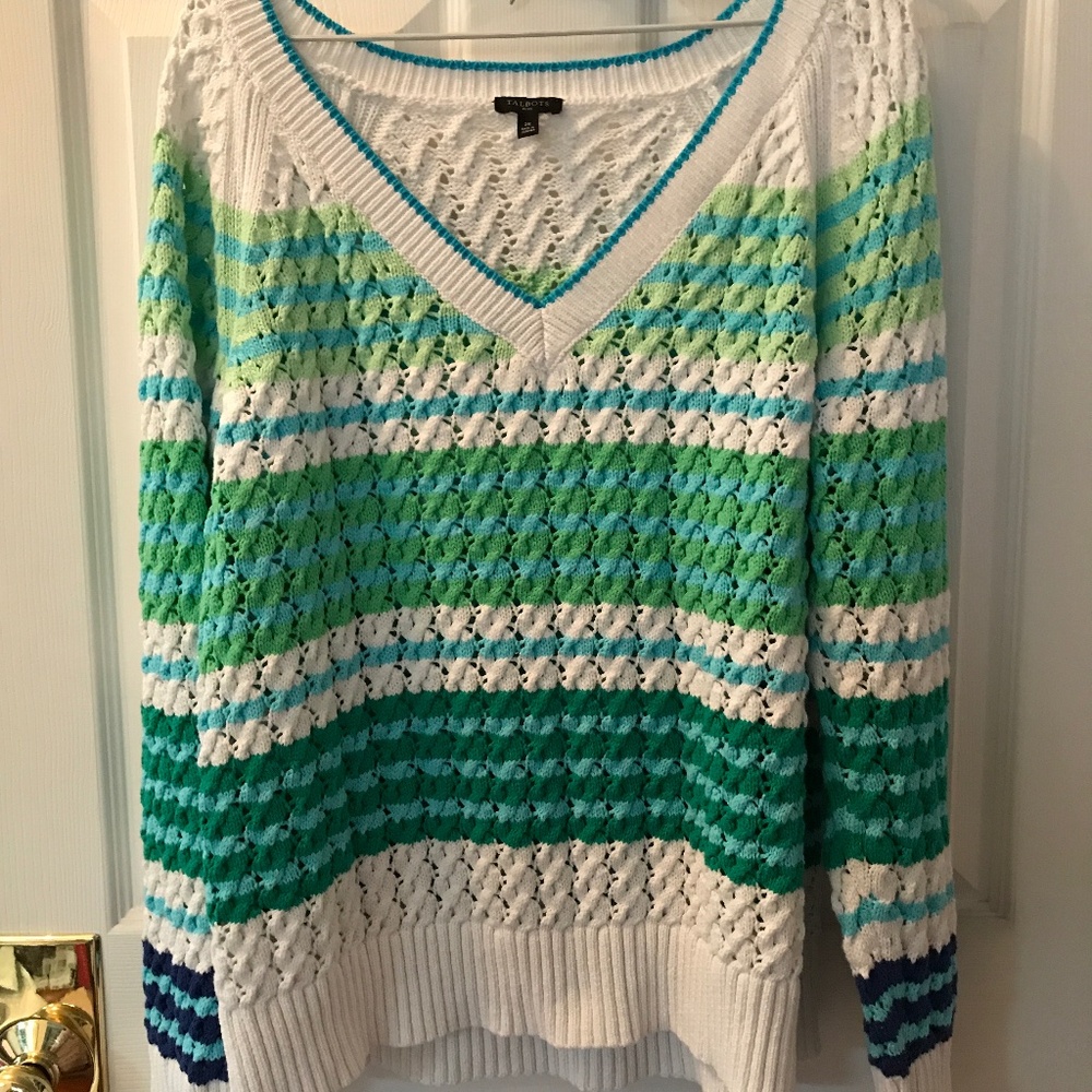 Talbots Plus 2x cotton V-neck cabled striped sweater